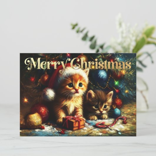 Hard Pastel Drawing Christmas Two Kittens Kaart (Staand voorkant)