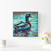 Hard Pastel Drawing Painting of a Mallard Duck Vierkante Klok (Huis)