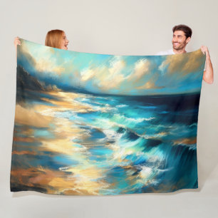 Hard Pastel Drawing Waves op een Strand Fleece Deken
