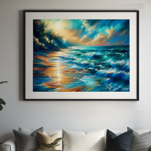 Hard Pastel Drawing Waves op een Strand Poster