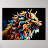 Hard Pastel Tekening Chinese Foo Hond Kleurrijk Poster (Voorkant)