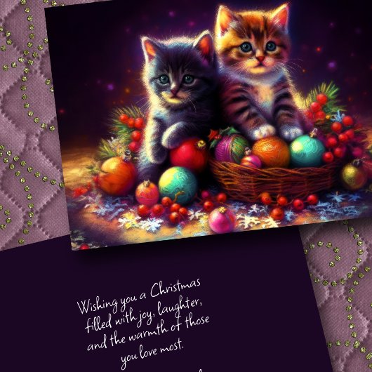 Hard Pastel Tekening Kerst 2 Kittens Ornamenten Kaart