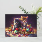 Hard Pastel Tekening Kerst 2 Kittens Ornamenten Kaart (Staand voorkant)