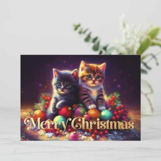Hard Pastel Tekening Kerst 2 Kittens Ornamenten Kaart (Staand voorkant)