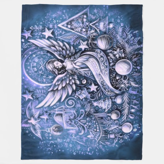 Hard Pastel Tekening Kerstmis Engel Blauw Fleece Deken (Voorkant)