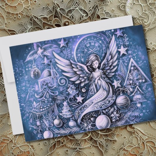 Hard Pastel Tekening Kerstmis Engel Blauw Kaart