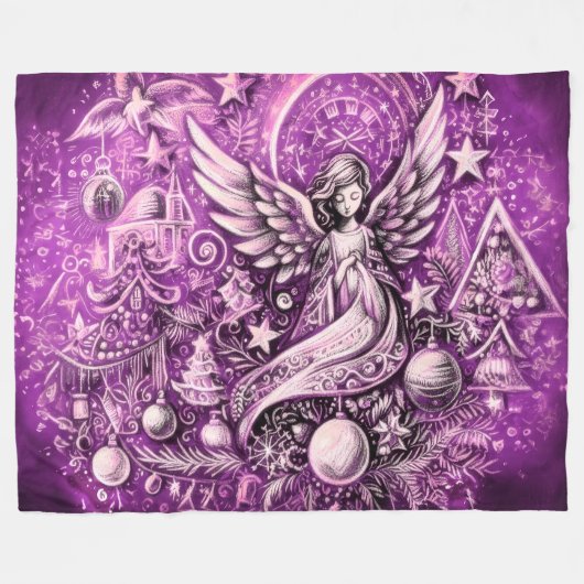 Hard Pastel Tekening Kerstmis Engel Paarse Fleece Deken (Voorkant (Horizontaal))