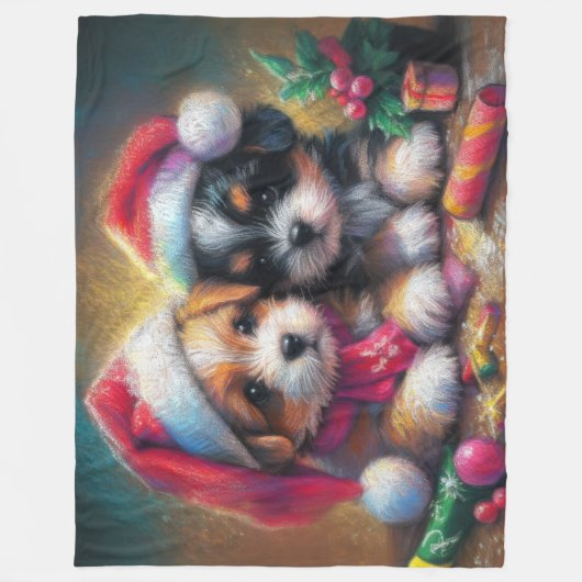 Hard Pastel Tekening Kerstmis Puppies Fleece Deken (Voorkant)