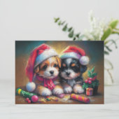 Hard Pastel Tekening Kerstmis Puppies Kaart (Staand voorkant)