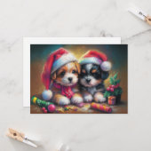 Hard Pastel Tekening Kerstmis Puppies Kaart (Voorkant / Achterkant in situ)