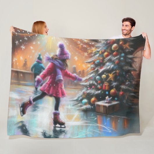 Hard Pastel Tekening Kerstmis Schaatsen Fleece Deken (In situ)