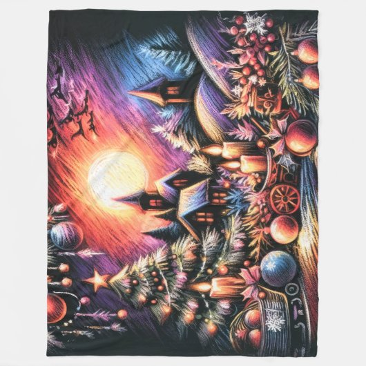 Hard Pastel Tekening Kerstmisscène Fleece Deken (Voorkant)