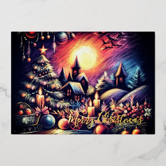 Hard Pastel Tekening Kerstmisscène Folie Feestdagenkaart (Voorkant)