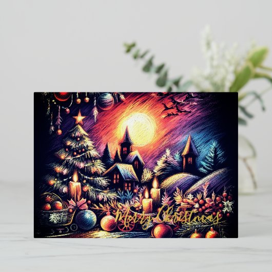 Hard Pastel Tekening Kerstmisscène Folie Feestdagenkaart (Staand Voorkant)