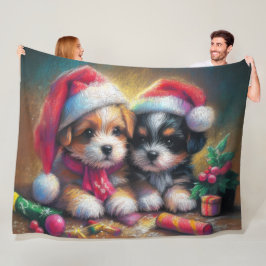 Hard Pastel Tekening Kerstpuppy's Fleece Deken