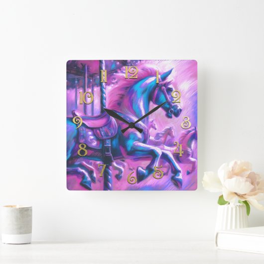 Hard Pastel Tekening Koele Tonen Carrousel Paard Vierkante Klok (Huis)