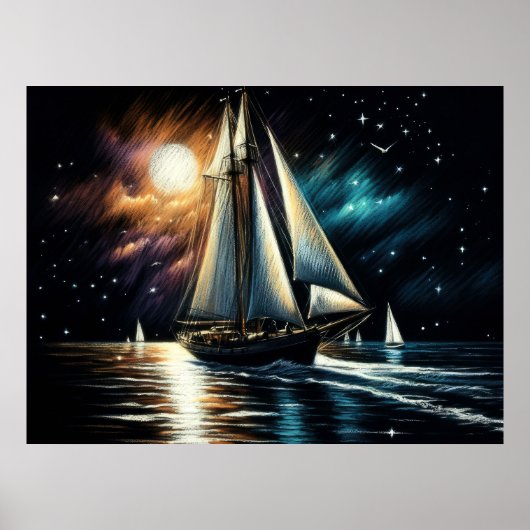 Hard Pastel Tekening Nachtvaren Poster (Voorkant)