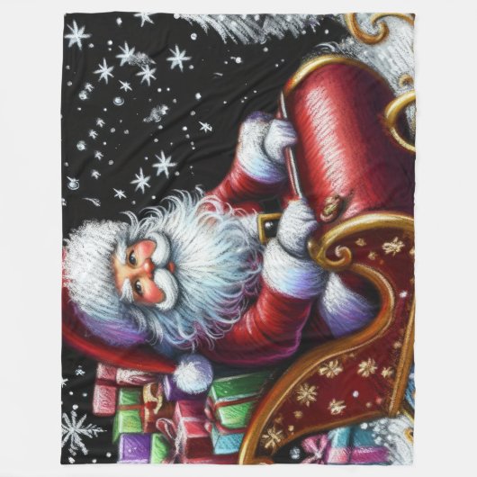 Hard Pastel Tekening Santa in Zijn Sleigh Fleece Deken (Voorkant)