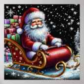 Hard Pastel Tekening Santa in Zijn Sleigh Poster (Voorkant)