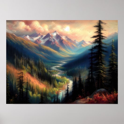 Hard Pastel Tekening van Berglandschap Poster (Voorkant)