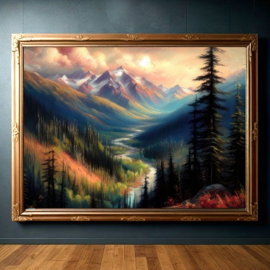 Hard Pastel Tekening van Berglandschap Poster