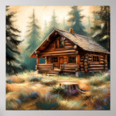 Hard Pastel Tekening van Log Cabin in de Bossen Poster (Voorkant)
