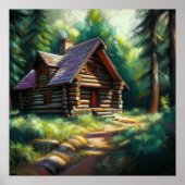 Hard Pastel Tekening van Log Cabin in de Bossen Poster (Voorkant)