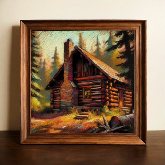 Hard Pastel Tekening van Log Cabin in de Bossen Poster