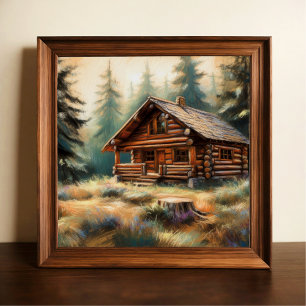 Hard Pastel Tekening van Log Cabin in de Bossen Poster