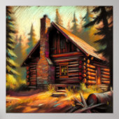Hard Pastel Tekening van Log Cabin in de Bossen Poster (Voorkant)
