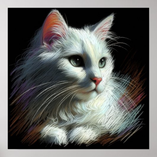 Hard Pastel Tekening Witte Kat Poster (Voorkant)