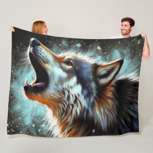 Hard Pastel Tekening Wolf Howling Fleece Deken (In situ)