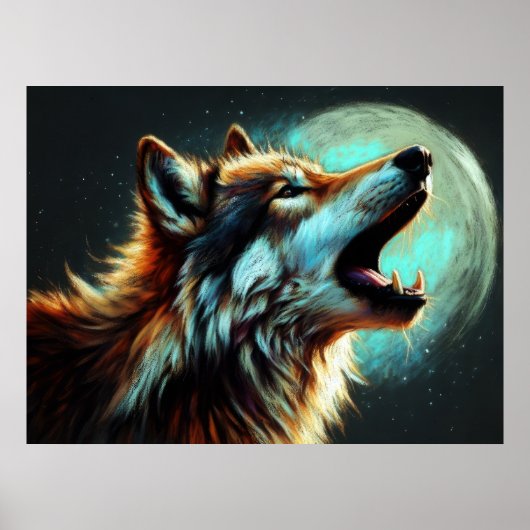 Hard Pastel Tekening Wolf Howling Moon III Poster (Voorkant)