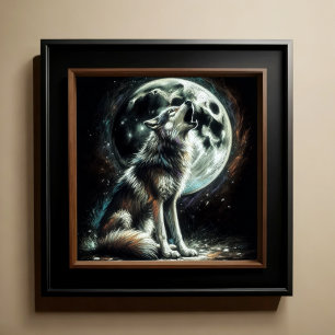 Hard Pastel Tekening Wolf Huilende Maan Poster