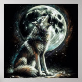Hard Pastel Tekening Wolf Huilende Maan Poster (Voorkant)