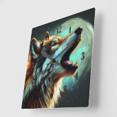 Hard Pastel Tekening Wolf Huilende Maan Vierkante Klok (Hoek)