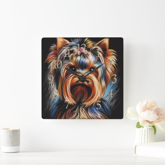 Hard Pastel Tekening Yorkshire Terrier Yorkie Pink Vierkante Klok (Huis)
