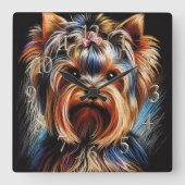 Hard Pastel Tekening Yorkshire Terrier Yorkie Pink Vierkante Klok (Voorkant)