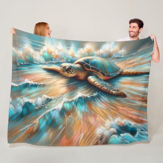 Hard Pastel Tekening Zee Schildpad op Strand Fleece Deken (In situ)