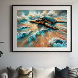 Hard Pastel Tekening Zee Schildpad op Strand Poster