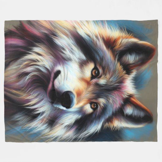 Hard Pastel Wolf op Grijs Fleece Deken (Voorkant (Horizontaal))
