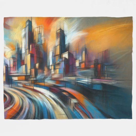Hard Pastels Tekening Abstract Modern Cityscape Fleece Deken (Voorkant (Horizontaal))