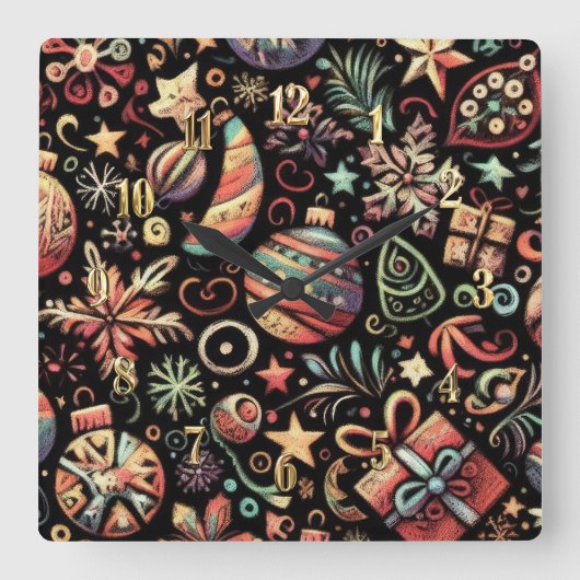 Hard Pastels Tekening Kerstmis Motieven Vierkante Klok (Voorkant)