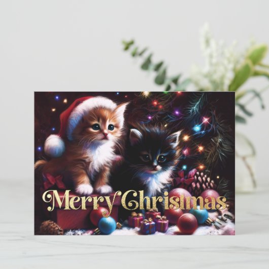 Hard pasteltekening kerst 2 Kittens Kaart (Staand voorkant)