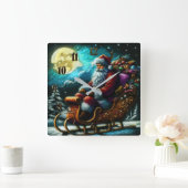 Hard pasteltekening Kerstman in Sleigh 2 Vierkante Klok (Huis)