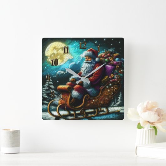 Hard pasteltekening Kerstman in Sleigh 2 Vierkante Klok (Huis)