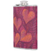 Harde bloemen, bloemharten, roze, rood en oranje heupfles (Links)