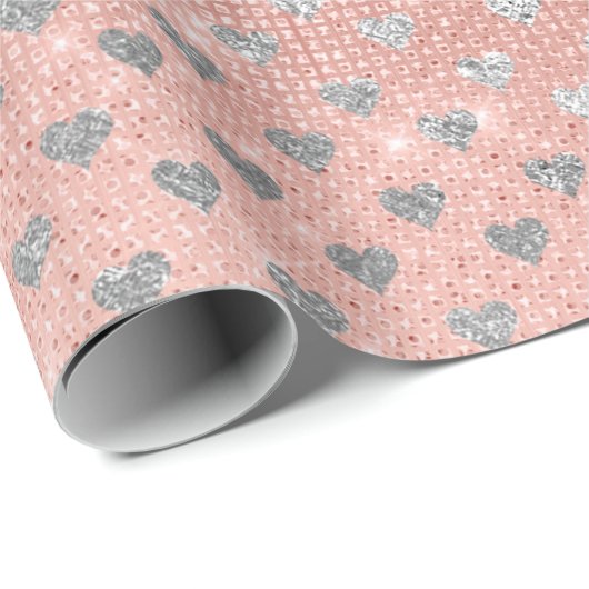 Harde Confetti Sparkly Sequin Silver Pink Rose Cadeaupapier (Rol Hoek)