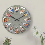 Harde foto's Groene Ronde Grote Klok<br><div class="desc">Creëer uw eigen meerfotoklok. Het fotomalplaatje is opstelling voor u om 12 foto's toe te voegen die in een hart gevormd lijst worden getoond. Het ontwerp gebruikt de verticale foto's van het portret voor alle aantallen behalve 3 en 9 die in landschapshorizontaal formaat zijn. Het kleurenpalet is groen en olijfgroen...</div>