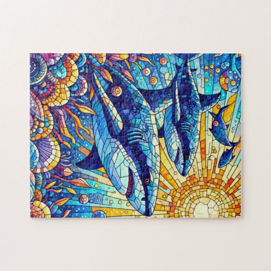 Harde haaienpuzzel in levendige mozaïekstijl legpuzzel (Horizontaal)